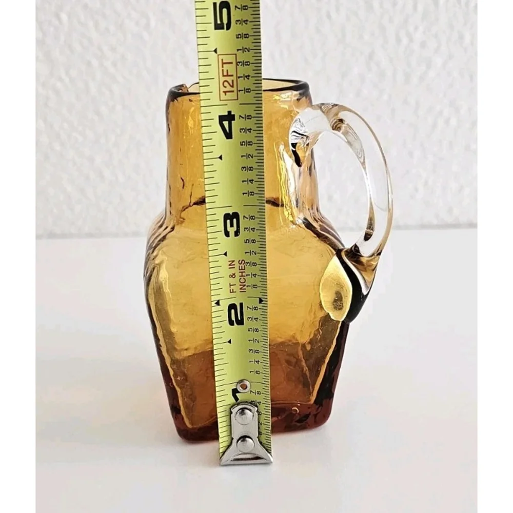 Vintage Hand-Blown Textured Small Amber Glass Pitcher Cute Adorable Decor